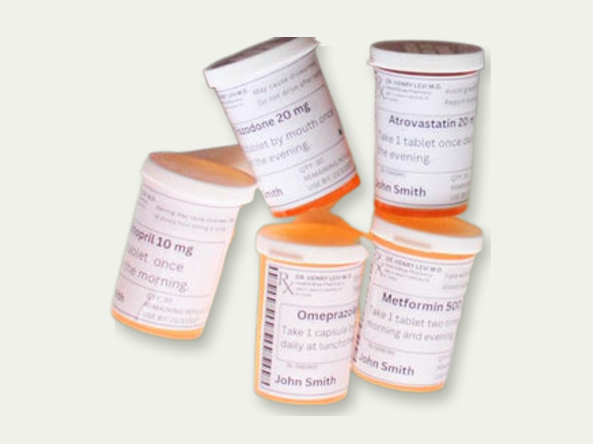 Five practice pill bottles