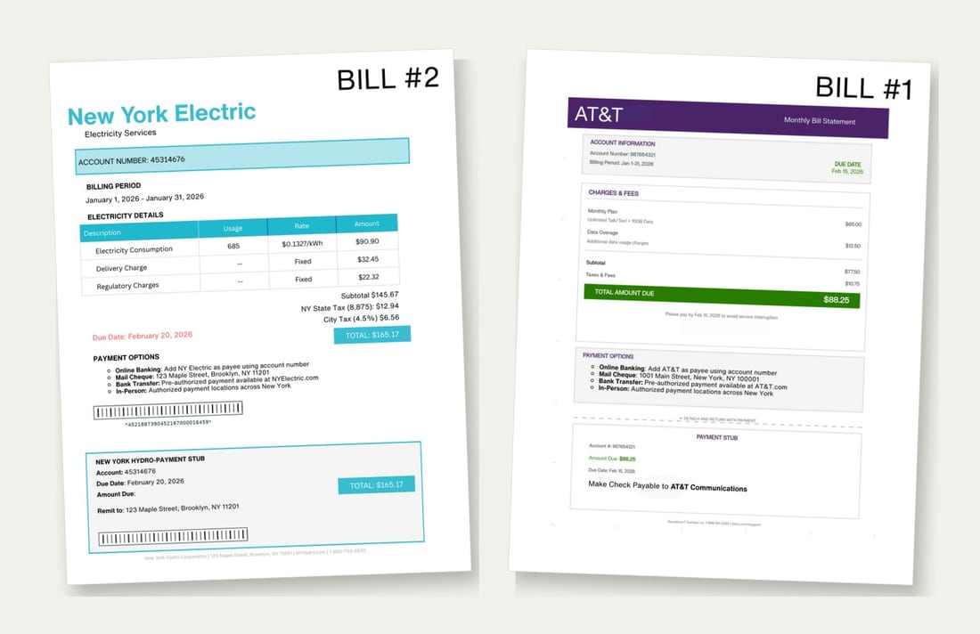 Two laminated utility bills
