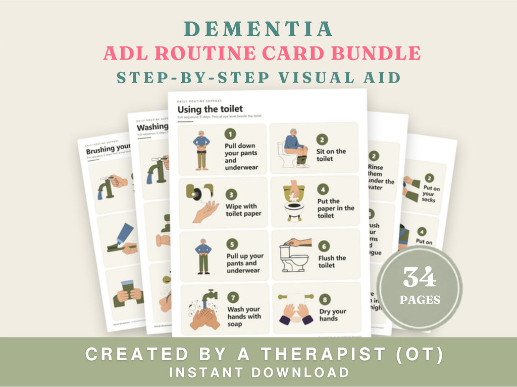 Dementia daily routine card bundle: five step-by-step visual aid sets, 34 pages, created by an occupational therapist