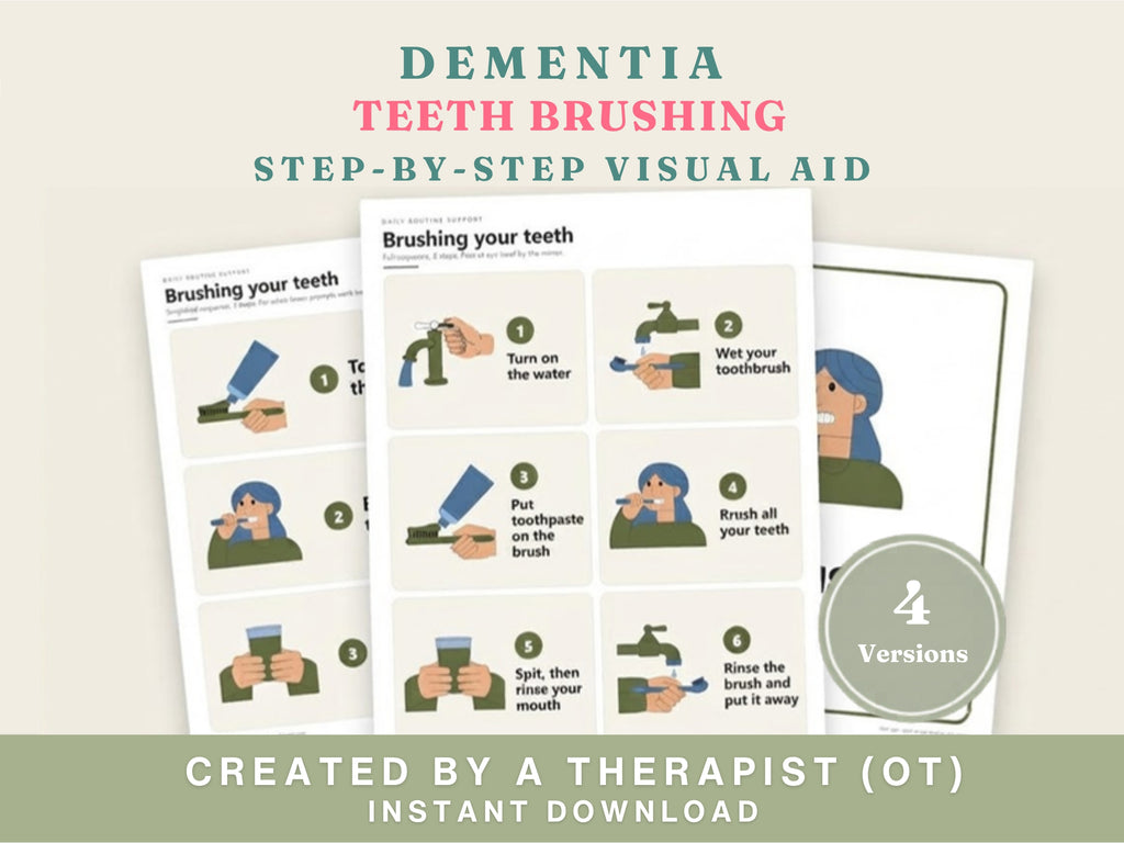 Dementia teeth brushing cards: step-by-step visual aid in four versions, created by an occupational therapist