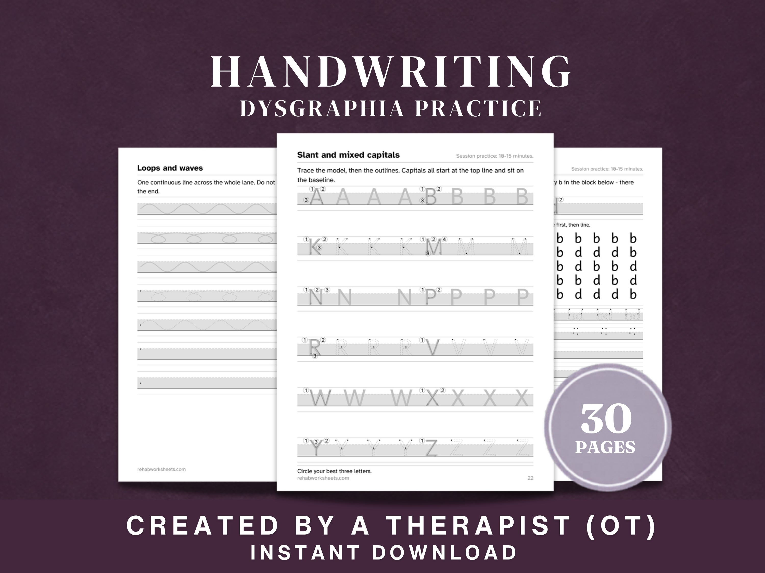 Handwriting dysgraphia practice worksheets for adults and teens, 30 pages, created by an occupational therapist