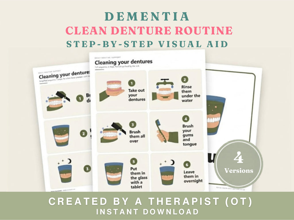 Dementia clean denture routine cards: step-by-step visual aid in four versions, created by an occupational therapist