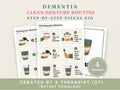 Dementia clean denture routine cards: step-by-step visual aid in four versions, created by an occupational therapist
