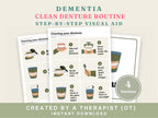 Dementia clean denture routine cards: step-by-step visual aid in four versions, created by an occupational therapist