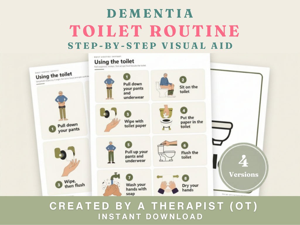 Dementia toilet routine cards: step-by-step visual aid in four versions, created by an occupational therapist