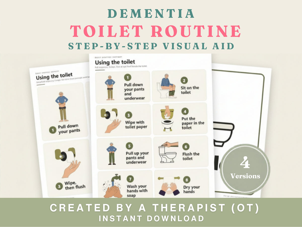 Dementia toilet routine cards: step-by-step visual aid in four versions, created by an occupational therapist