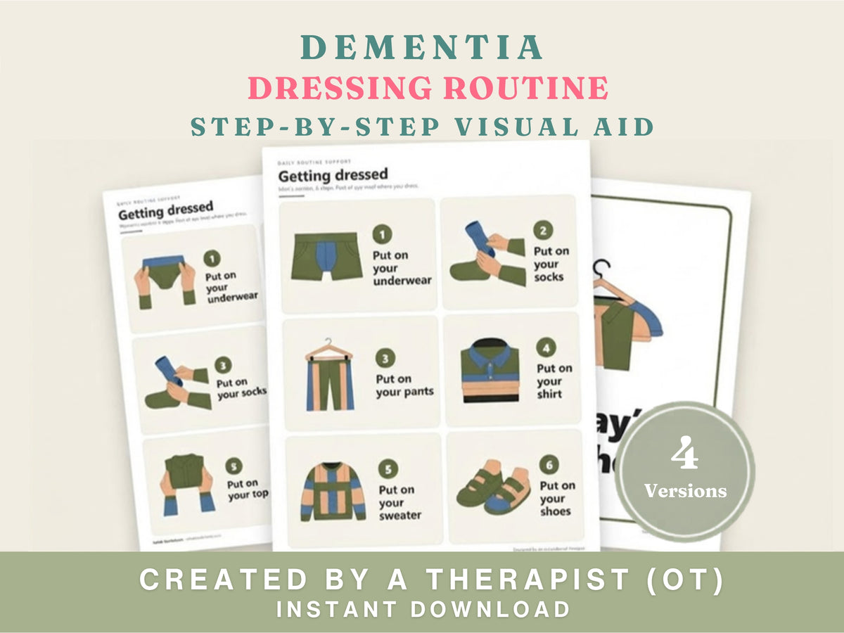 Dementia dressing routine cards: step-by-step visual aid in men's and women's versions, created by an occupational therapist