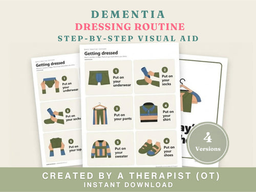 Dementia dressing routine cards: step-by-step visual aid in men's and women's versions, created by an occupational therapist