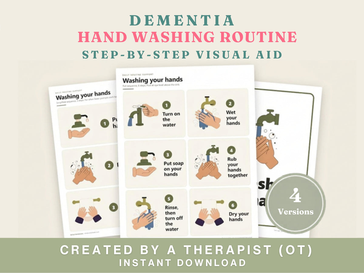 Dementia hand washing routine cards: step-by-step visual aid in four versions, created by an occupational therapist