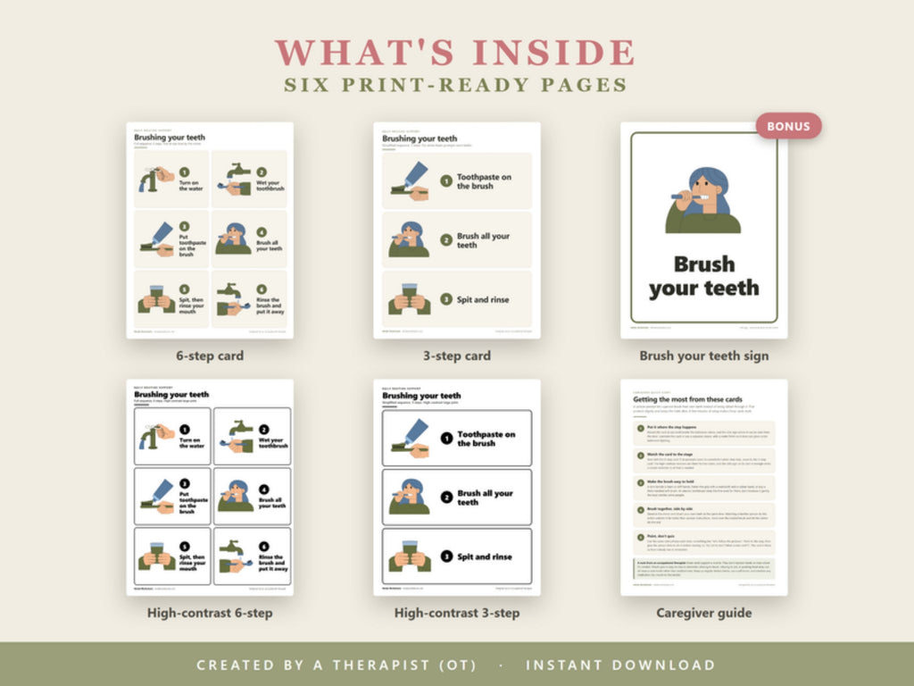 What's inside: six print-ready pages with 6-step and 3-step cards, high-contrast versions, a sink sign and a caregiver guide