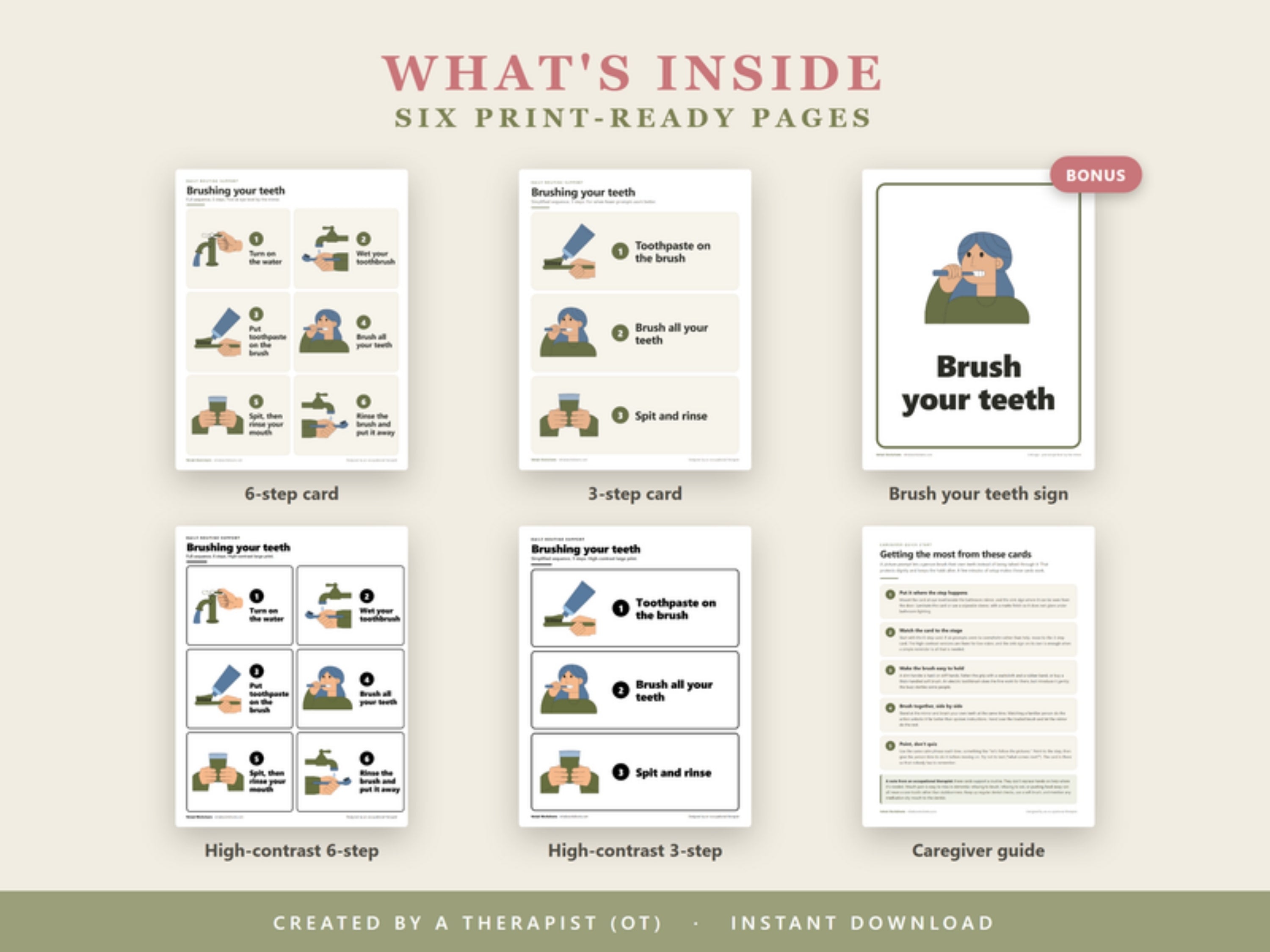 What's inside: six print-ready pages with 6-step and 3-step cards, high-contrast versions, a sink sign and a caregiver guide