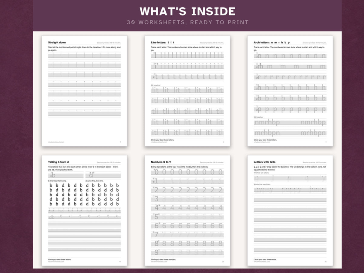 What's inside: 30 handwriting worksheets ready to print, including stroke practice, letter families, numbers and letters with tails