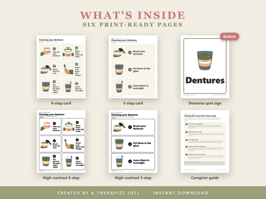 What's inside: six print-ready pages with 6-step and 3-step cards, high-contrast versions, a dentures spot sign and a caregiver guide