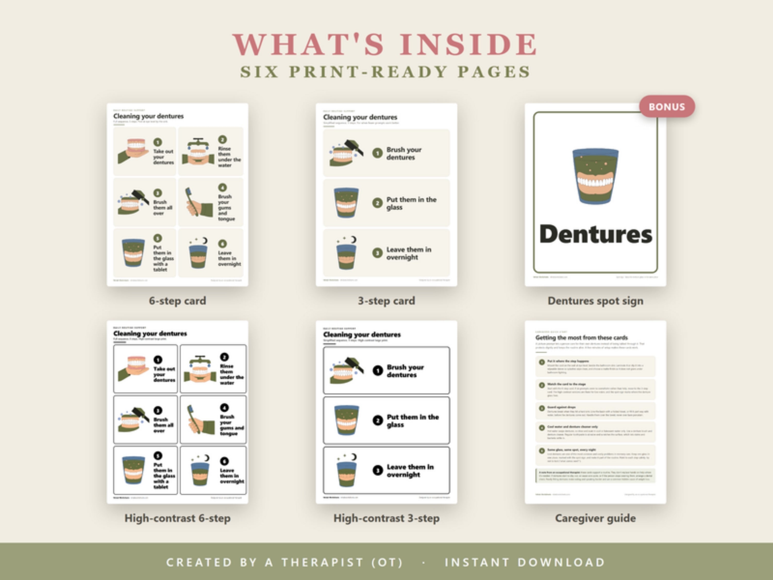 What's inside: six print-ready pages with 6-step and 3-step cards, high-contrast versions, a dentures spot sign and a caregiver guide