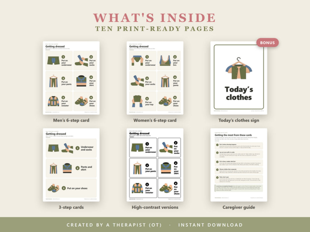 What's inside: ten print-ready pages with men's and women's 6-step and 3-step cards, high-contrast versions, a today's clothes sign and a caregiver guide