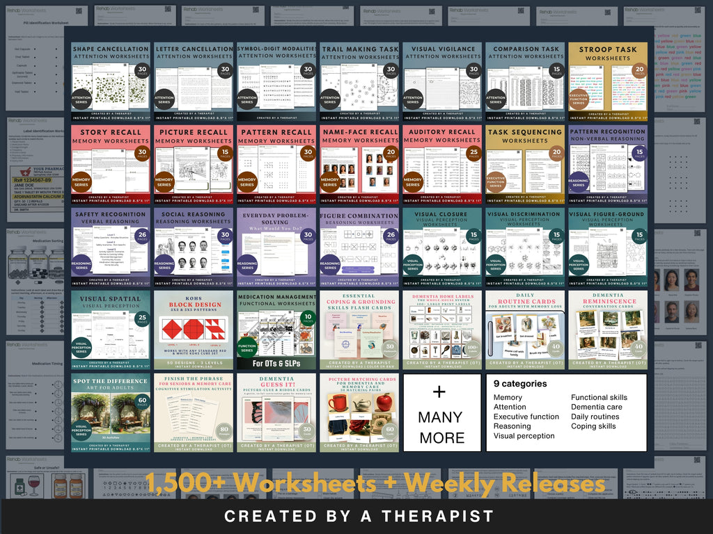 Grid of 32 Rehab Worksheets product covers included in the whole shop bundle: 1,500+ worksheets plus weekly releases across 9 categories