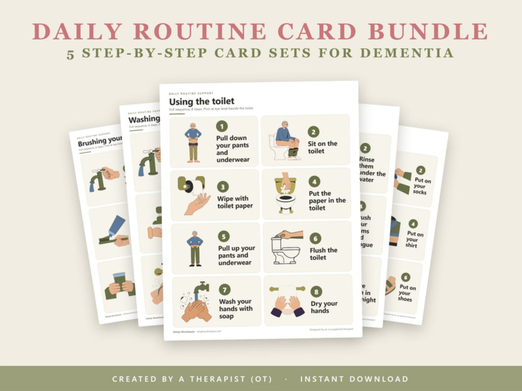 Daily routine card bundle: five step-by-step card sets for dementia fanned out, toilet card in front