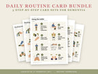 Daily routine card bundle: five step-by-step card sets for dementia fanned out, toilet card in front