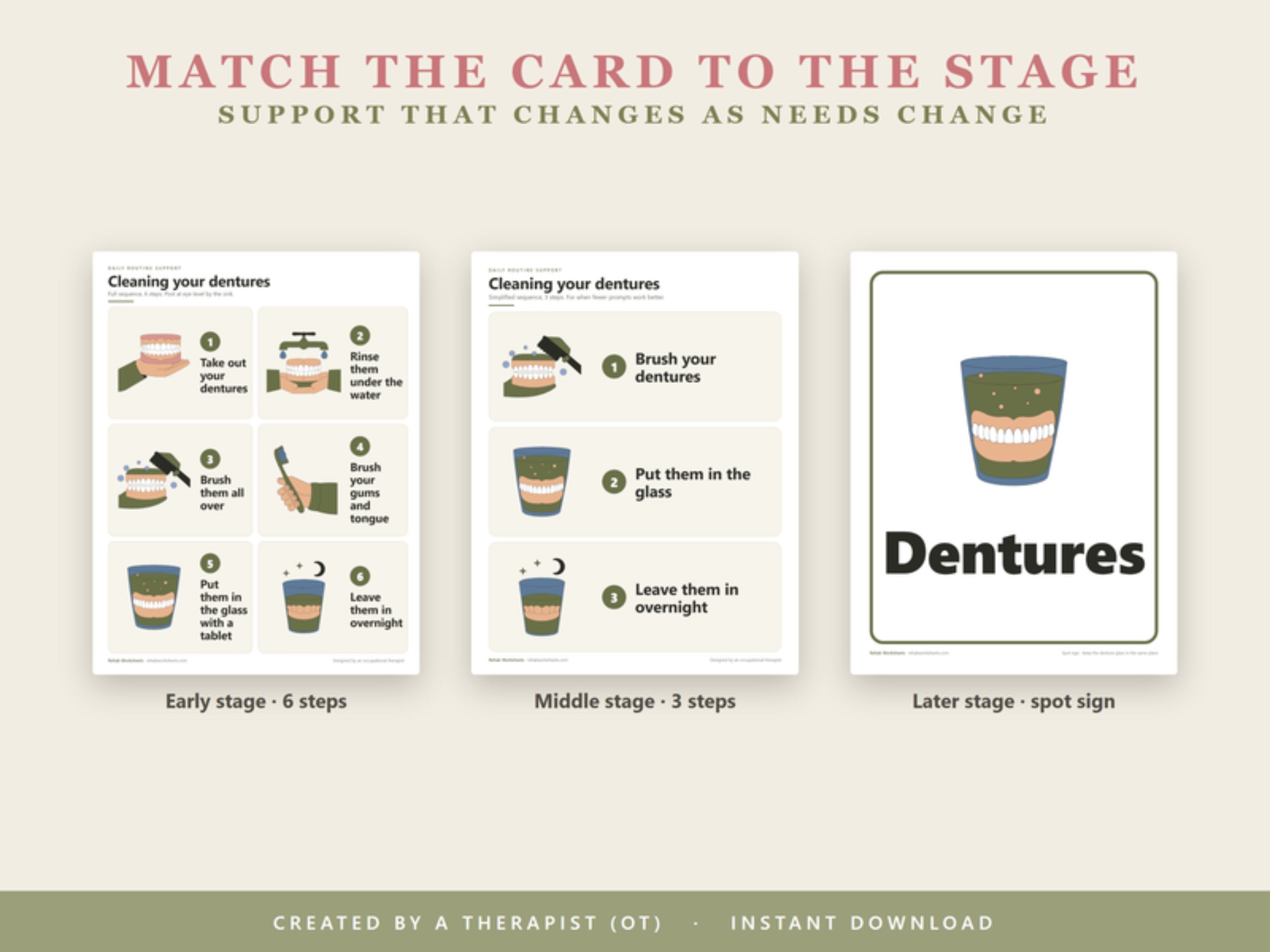 Match the card to the stage: 6-step card for early stage, 3-step card for middle stage, spot sign for later stage