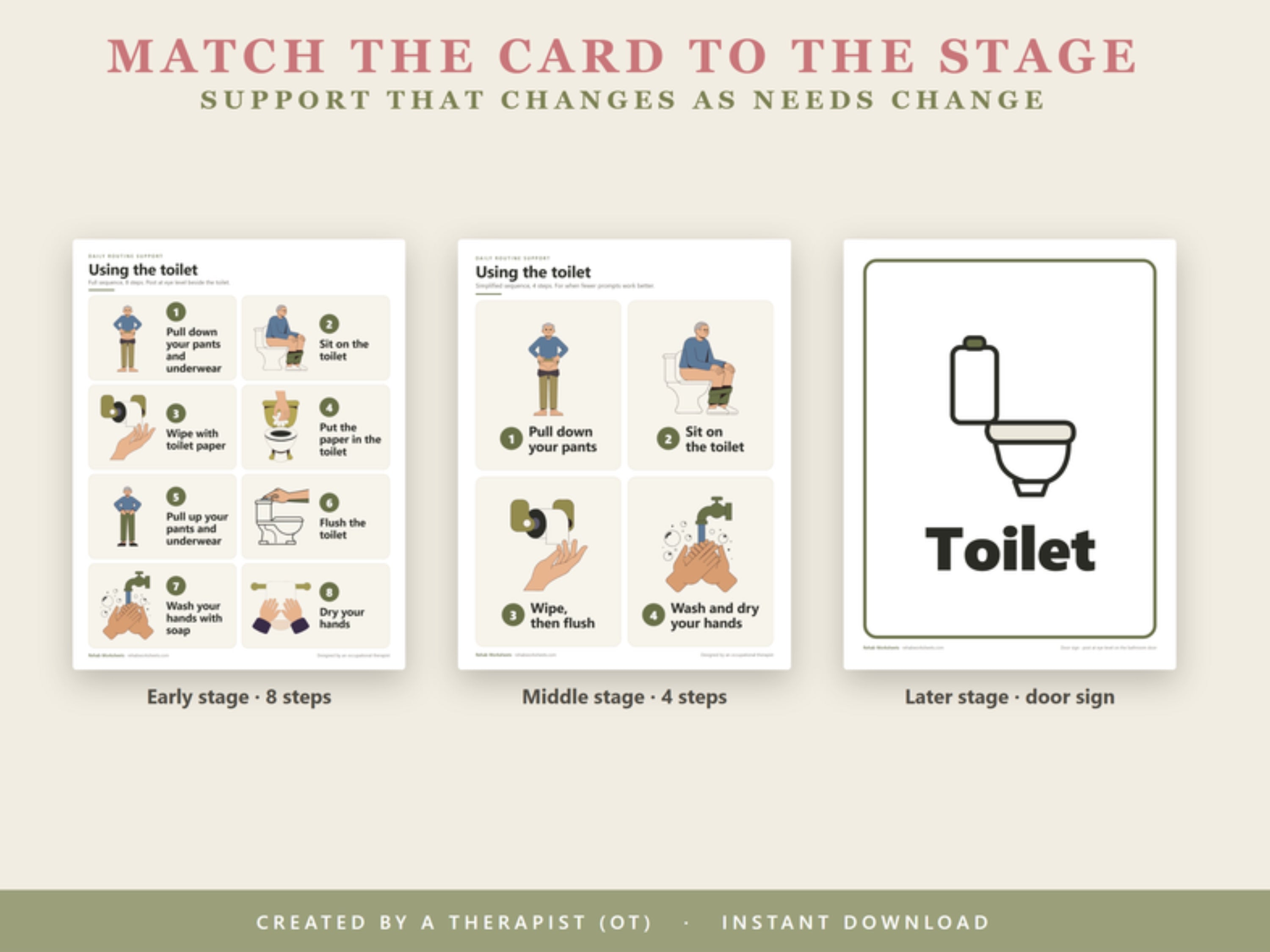 Match the card to the stage: 8-step card for early stage, 4-step card for middle stage, door sign for later stage