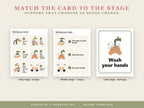 Match the card to the stage: 6-step card for early stage, 3-step card for middle stage, sink sign for later stage