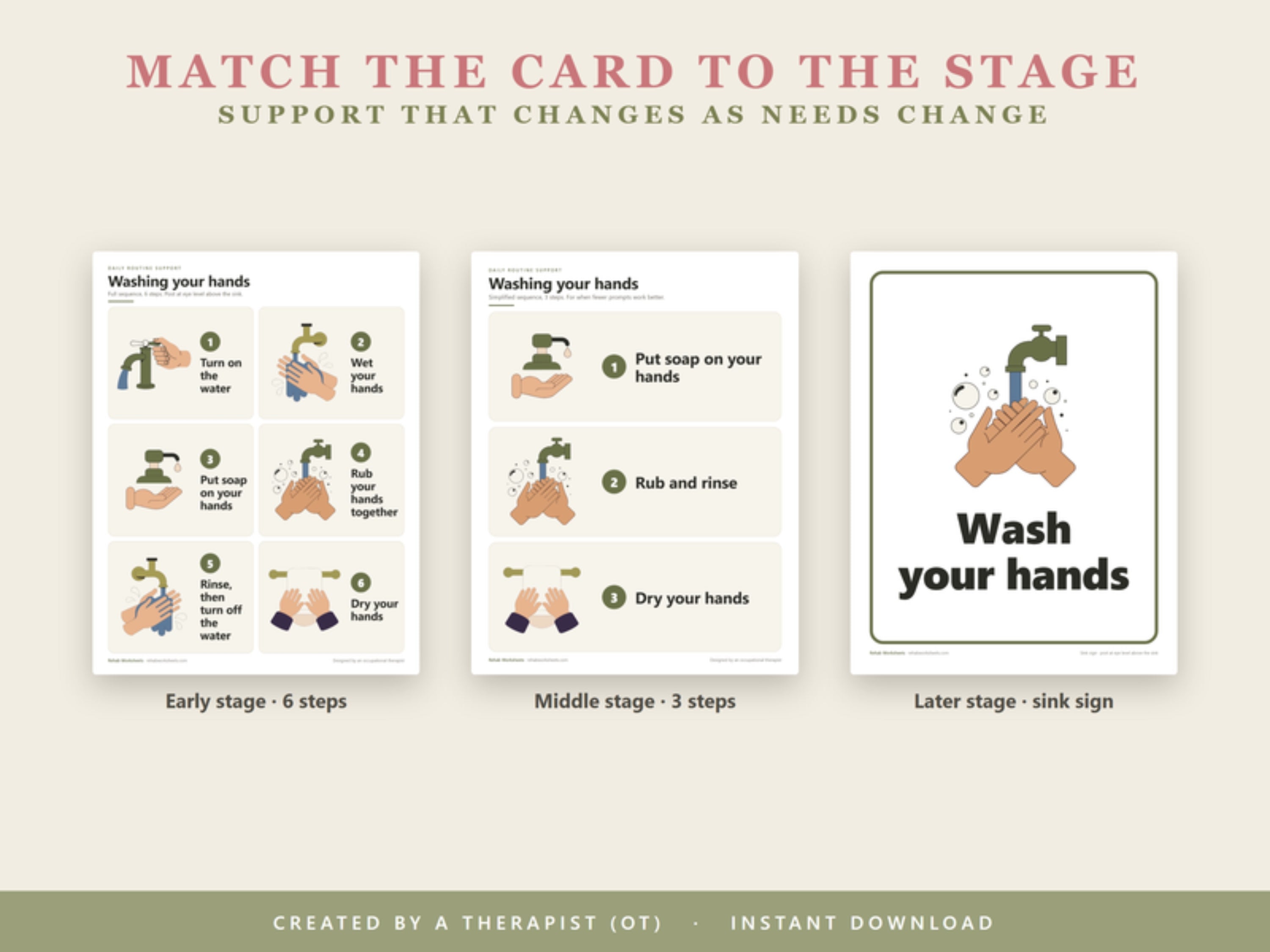 Match the card to the stage: 6-step card for early stage, 3-step card for middle stage, sink sign for later stage