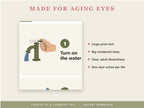 Made for aging eyes: large-print text, big numbered steps, clear adult illustrations, one action per tile