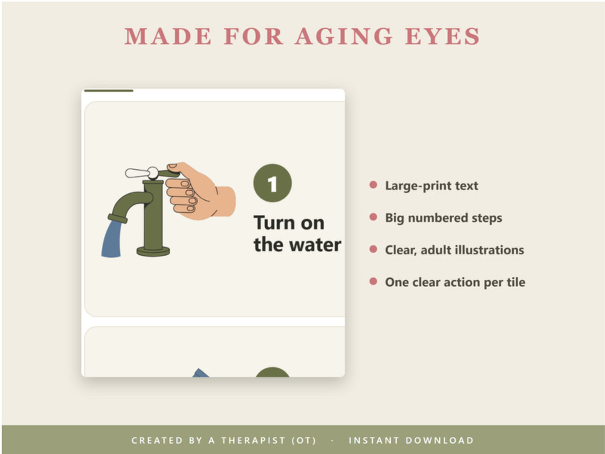 Made for aging eyes: large-print text, big numbered steps, clear adult illustrations, one action per tile