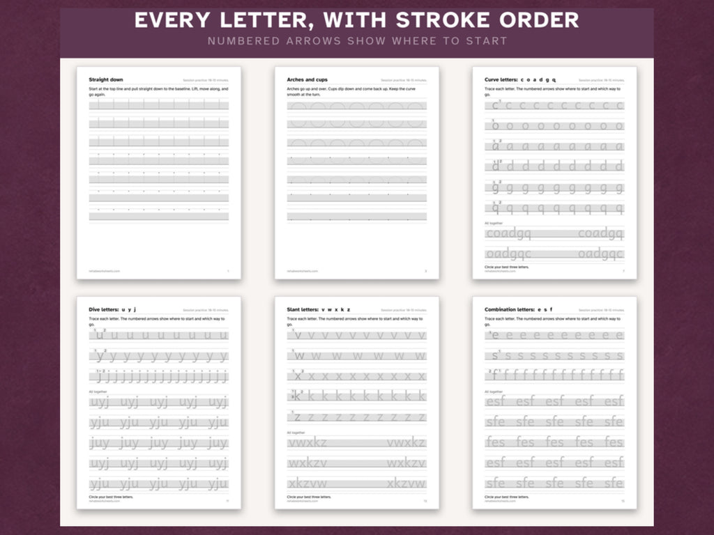 Every letter with stroke order: numbered arrows show where to start on each letter family worksheet