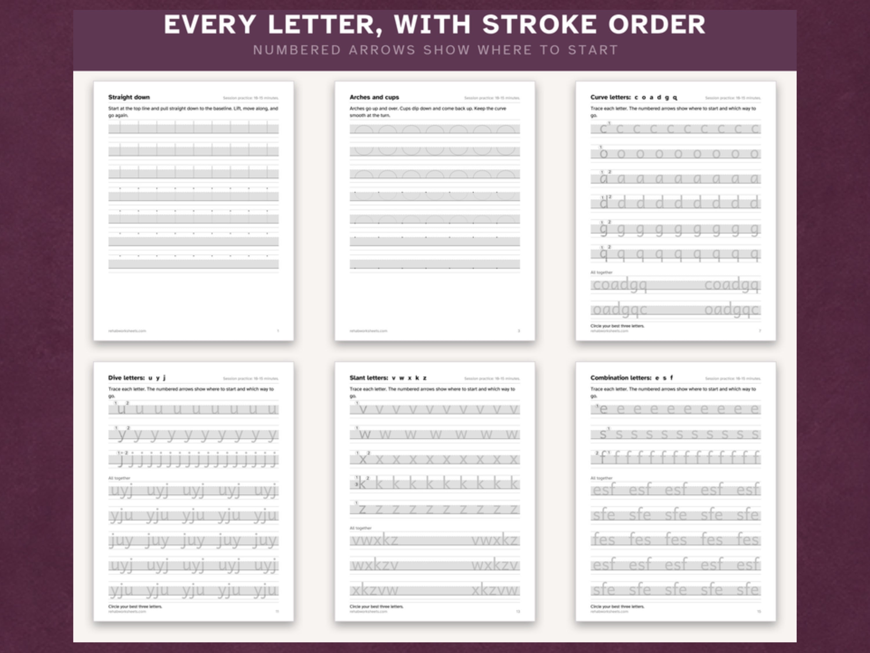 Every letter with stroke order: numbered arrows show where to start on each letter family worksheet