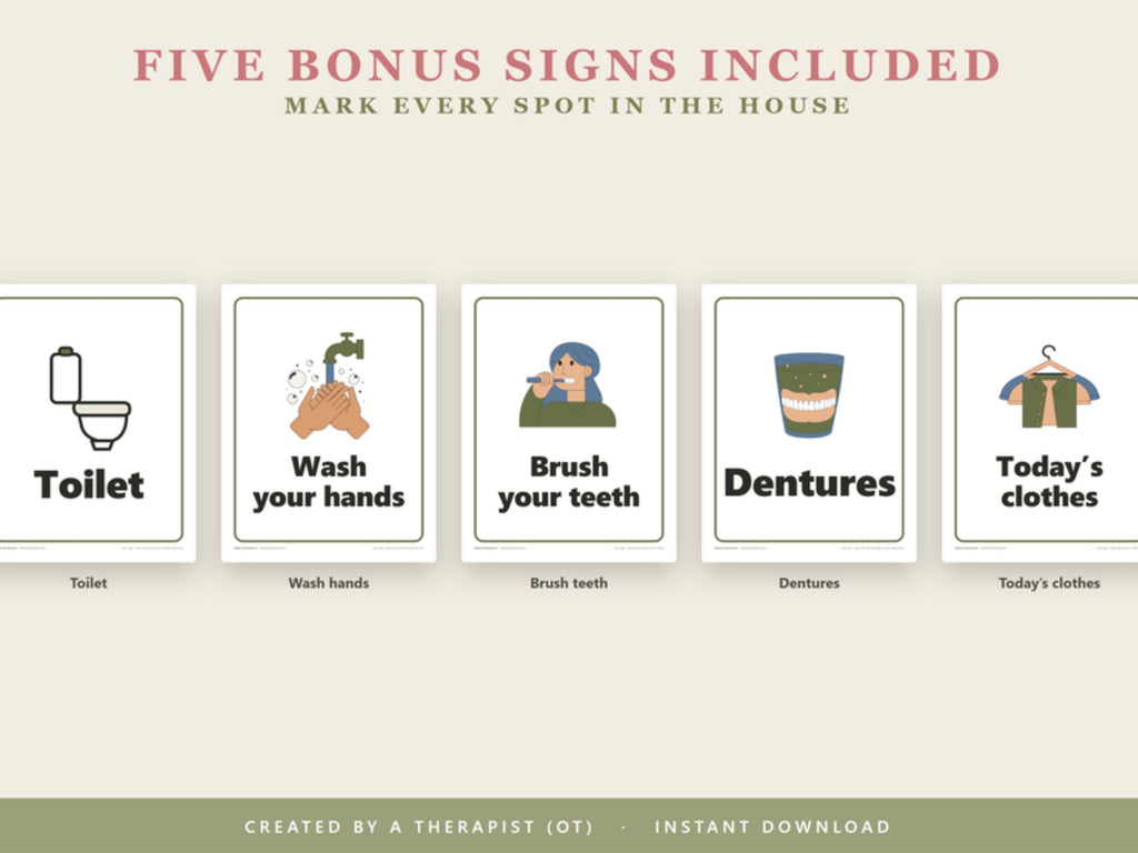 Five bonus signs included: toilet, wash your hands, brush your teeth, dentures, today's clothes