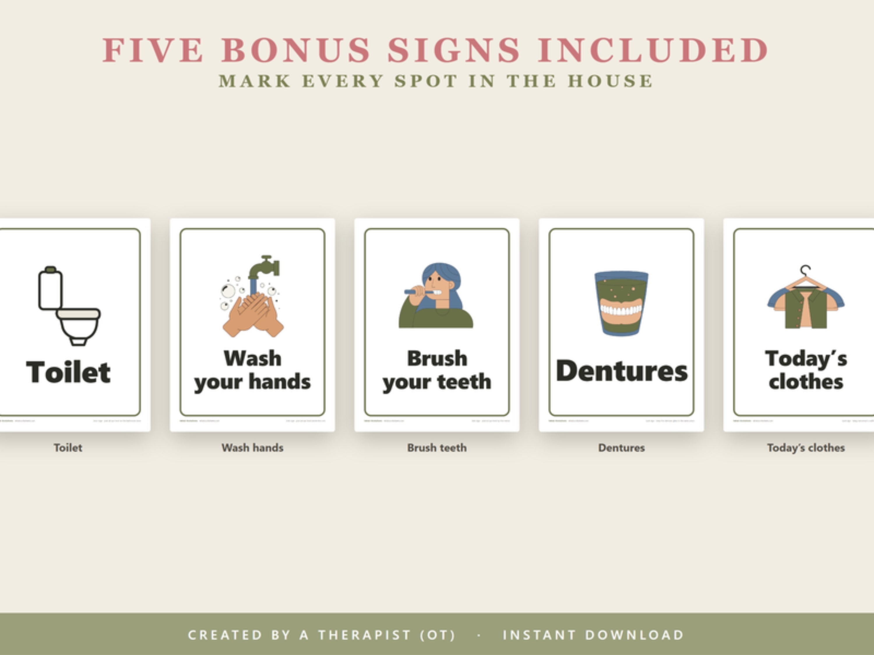 Five bonus signs included: toilet, wash your hands, brush your teeth, dentures, today's clothes