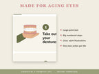 Made for aging eyes: large-print text, big numbered steps, clear adult illustrations, one action per tile