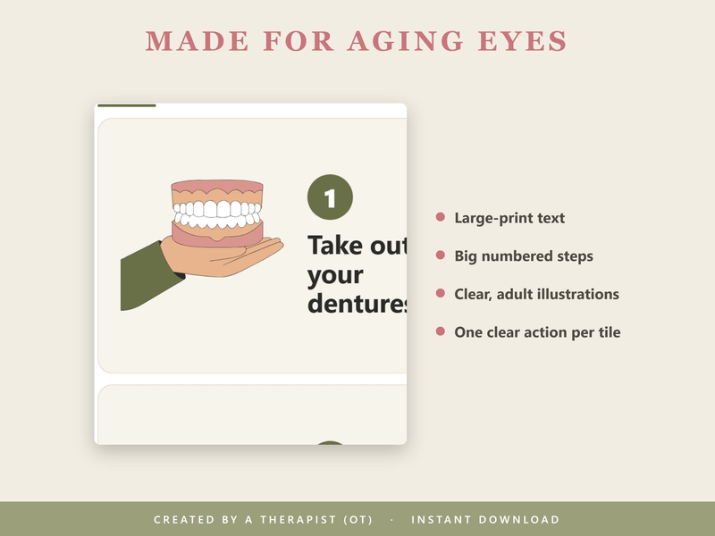 Made for aging eyes: large-print text, big numbered steps, clear adult illustrations, one action per tile