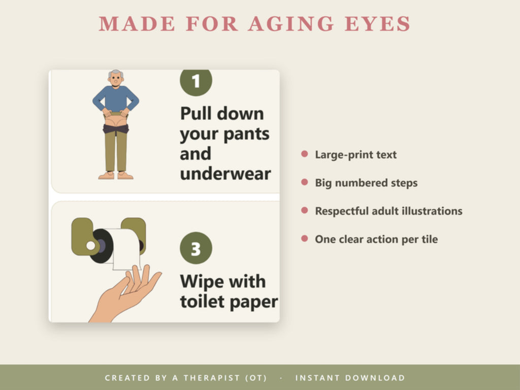 Made for aging eyes: large-print text, big numbered steps, respectful adult illustrations, one action per tile