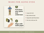 Made for aging eyes: large-print text, big numbered steps, respectful adult illustrations, one action per tile