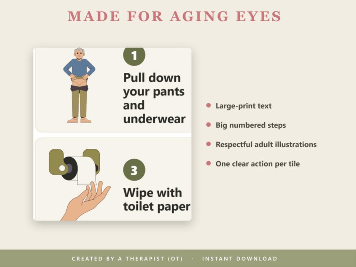 Made for aging eyes: large-print text, big numbered steps, respectful adult illustrations, one action per tile
