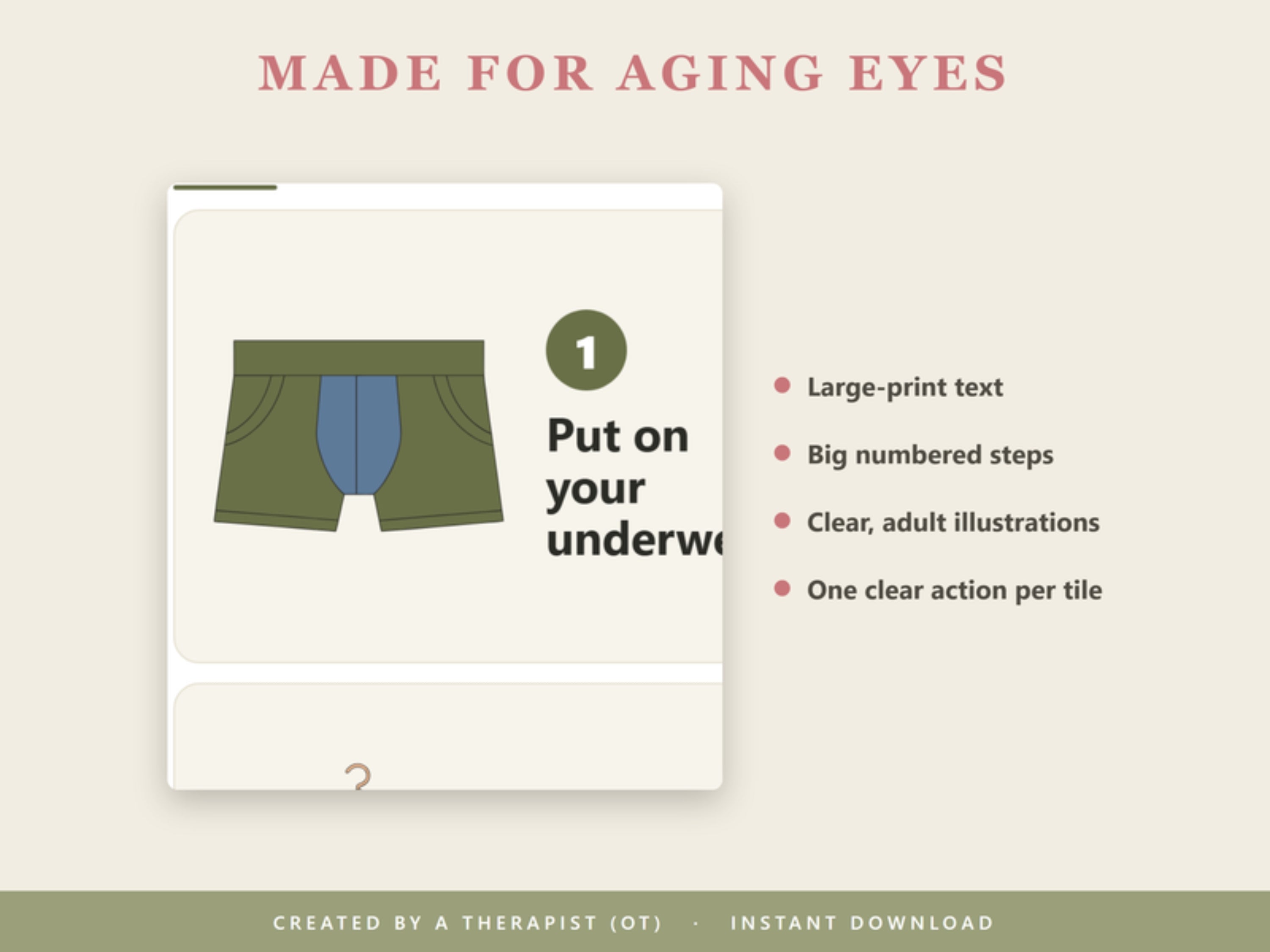 Made for aging eyes: large-print text, big numbered steps, clear adult illustrations, one action per tile