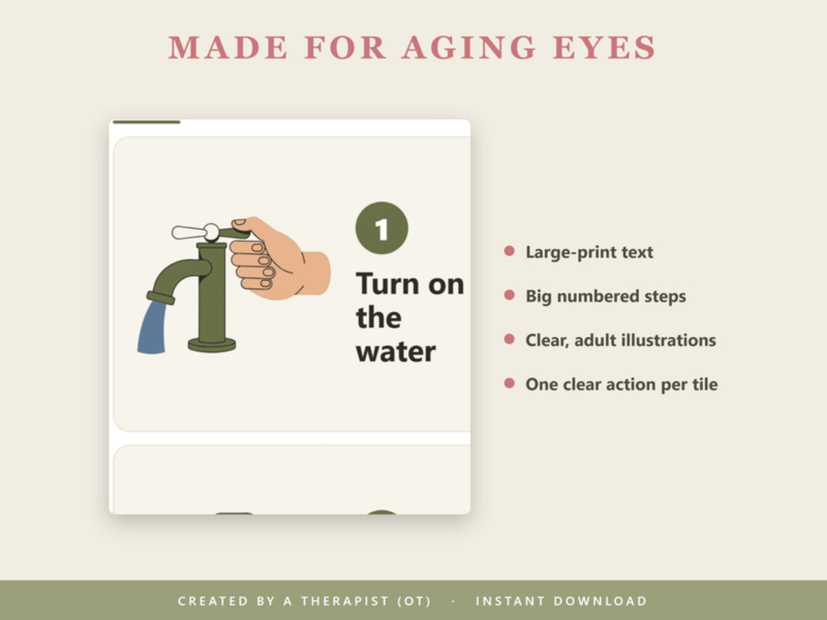 Made for aging eyes: large-print text, big numbered steps, clear adult illustrations, one action per tile