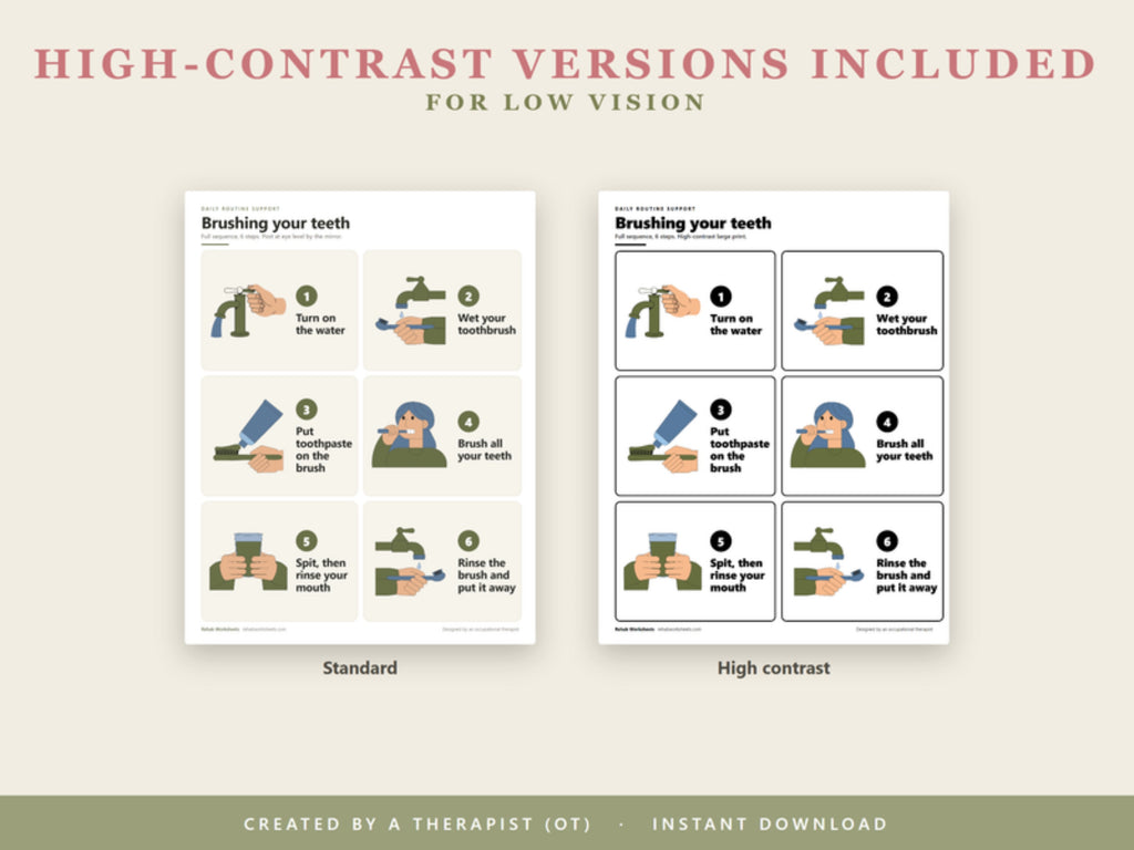 High-contrast versions included for low vision: standard and high-contrast teeth brushing cards side by side