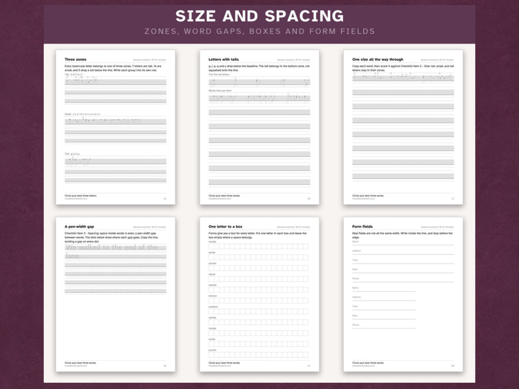 Size and spacing worksheets: three zones, word gaps, one letter to a box and real form fields