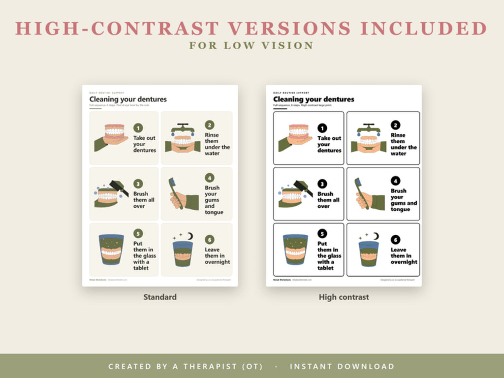 High-contrast versions included for low vision: standard and high-contrast denture care cards side by side