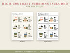 High-contrast versions included for low vision: standard and high-contrast denture care cards side by side