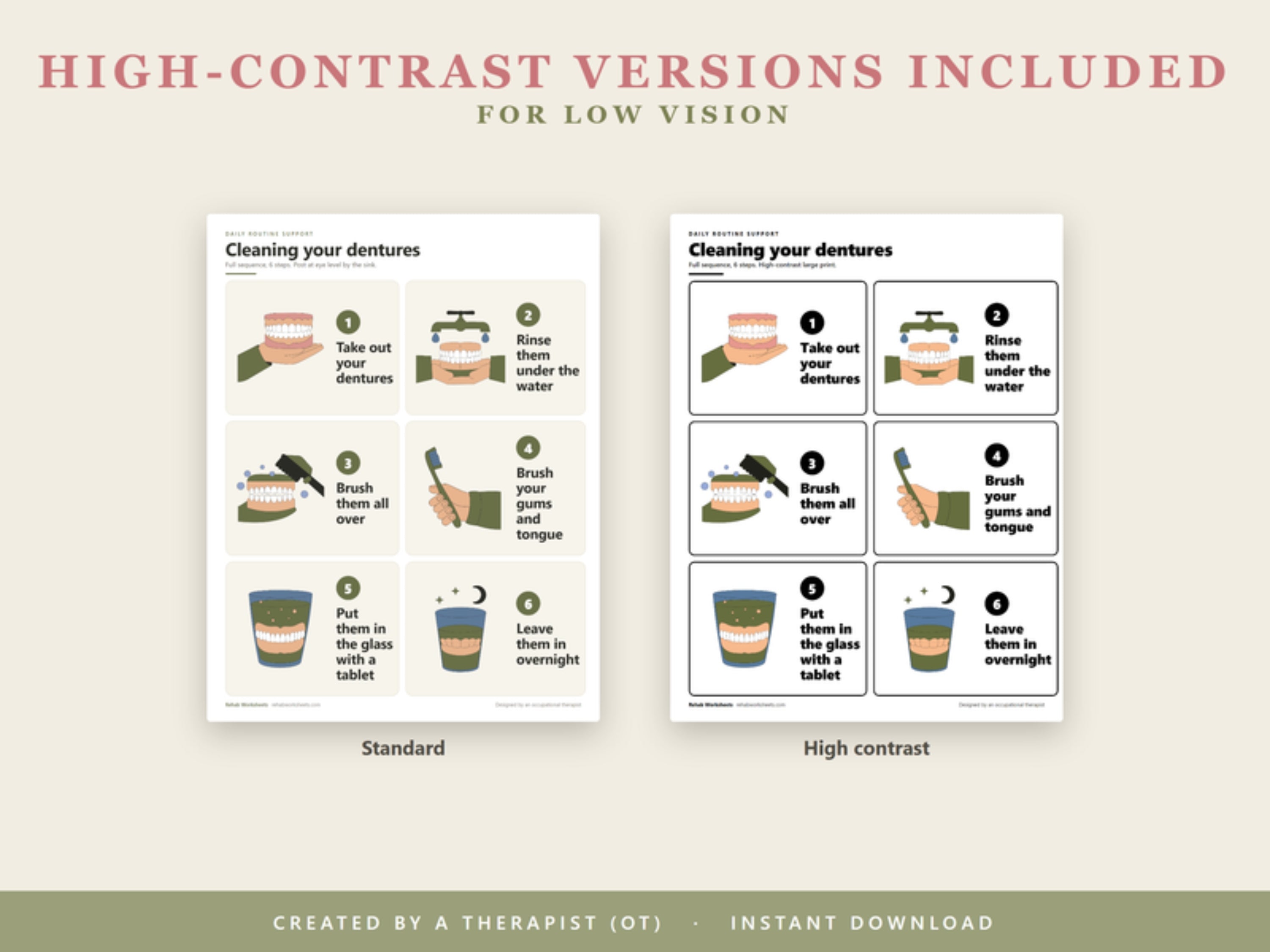 High-contrast versions included for low vision: standard and high-contrast denture care cards side by side