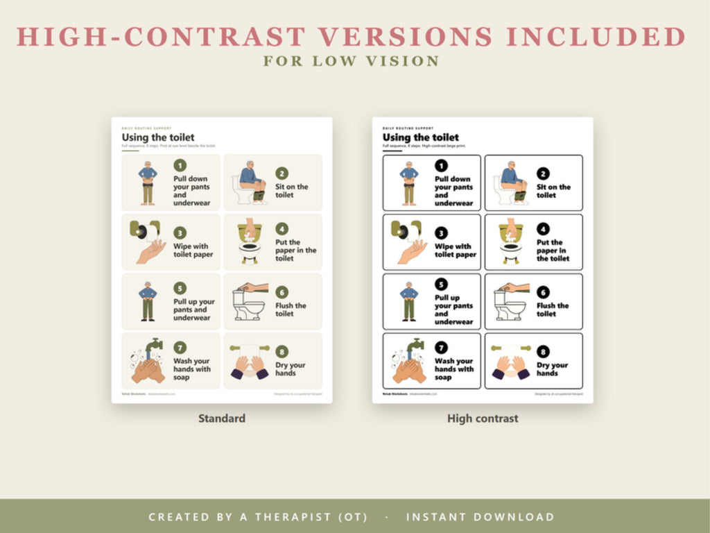 High-contrast versions included for low vision: standard and high-contrast toilet routine cards side by side