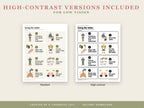 High-contrast versions included for low vision: standard and high-contrast toilet routine cards side by side