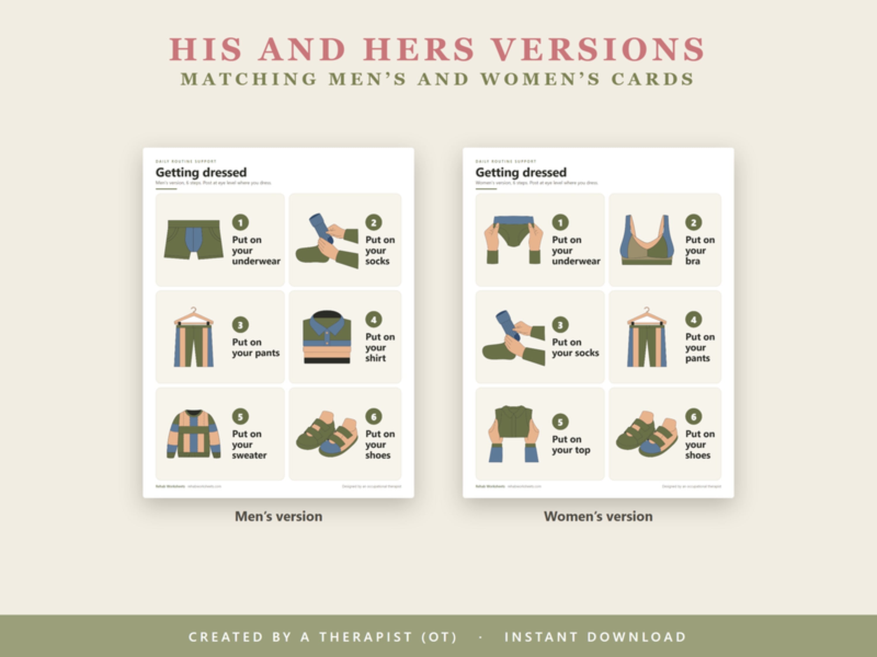 His and hers versions: matching men's and women's dressing cards side by side