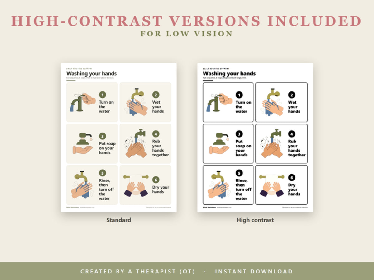High-contrast versions included for low vision: standard and high-contrast hand washing cards side by side
