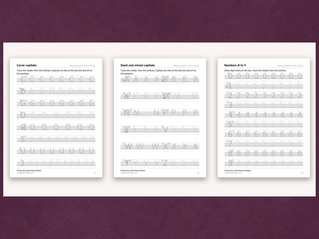 Sample pages: curve capitals, slant and mixed capitals, and numbers 0 to 9