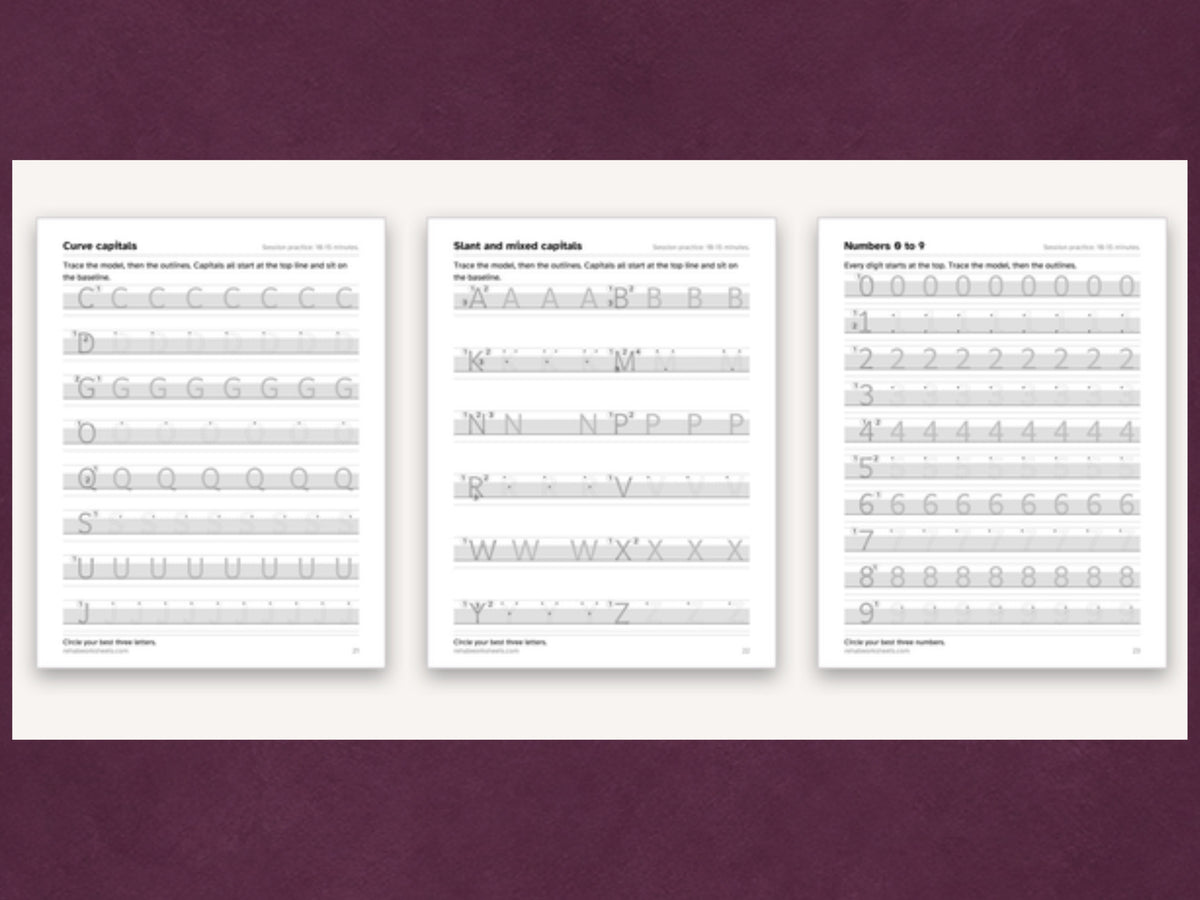 Sample pages: curve capitals, slant and mixed capitals, and numbers 0 to 9